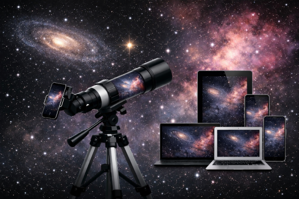 Smartphone–telescope optical coupling setup used for astronomical image acquisition in the cross-platform AstroGraph system